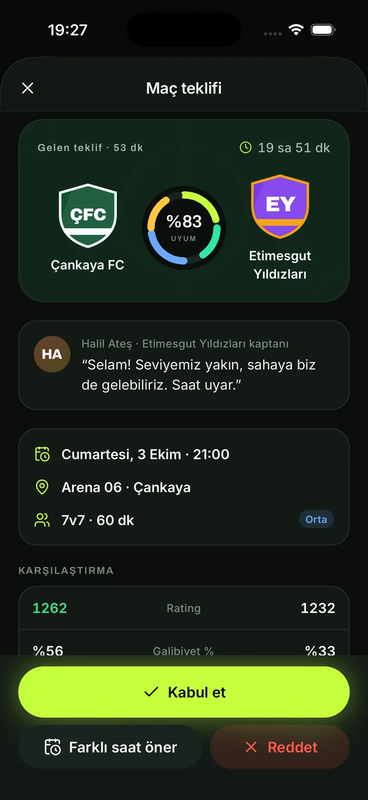 Maçvar Rakip Teklifi ekranı